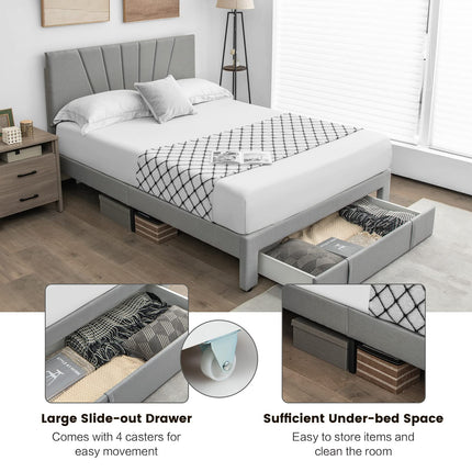 Dreamade Upholstered Queen Bed Frame with Drawer, Modern Platform Bed with Storage & Adjustable Headboard