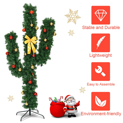 Dreamade Pre-Lit Artificial Cactus Christmas Tree with LED Lights and Ball Ornaments - DreamadeUS