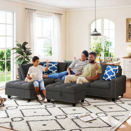 Dreamade 98 Inches Sectional Sofa Couch with Movable Storage Ottoman and Linen Fabric Backs