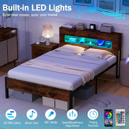 Dreamade Full Size Bed Frame with LED Lights & Charging Station