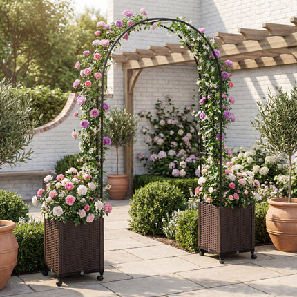 Dreamade Metal Garden Arch Trellis Arbor with 2 Self-Watering Planter Boxes