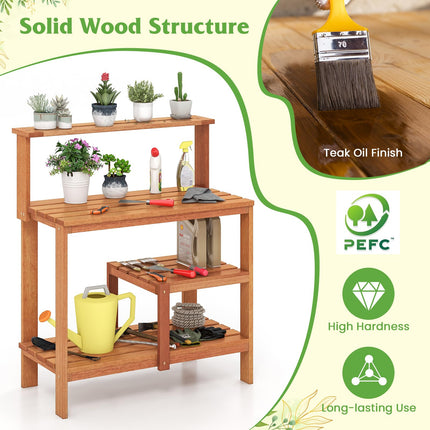 Dreamade 4-Tier Potting Bench, Solid Wood Gardening Workstation w/Open Storage Shelves