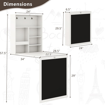 Dreamade Foldable Wall Mounted Desk with Storage Shelves Hooks & Chalkboard