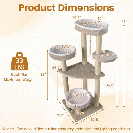 DREAMADE 51-Inch Modern Multi-Level Cat Tower with 3 Cozy Beds