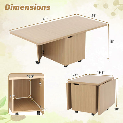 Dreamade Folding Coffee Table 48 Inch Drop Leaf Extendable Center Table with Storage Cabinet & Wheels