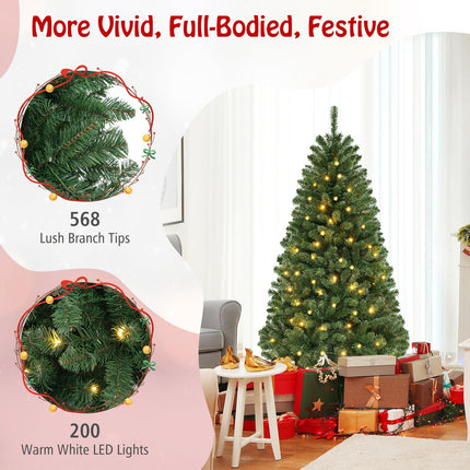 Dreamade 6ft Pre-Lit Christmas Tree, Artificial Hinged Xmas Tree with 200 Warm White LED Lights