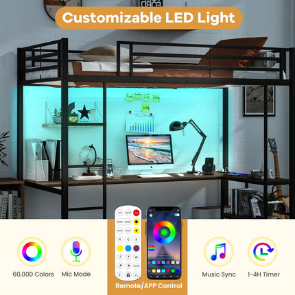 Dreamade Twin Loft Bed with L-Shaped Desk, Metal Loft Bed Frame with LED Lights
