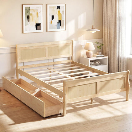 Dreamade Twin/ Full/ Queen Bed with 2 Storage Drawers Wood Platform Bed with Headboard & Footboard