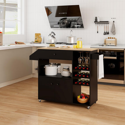 Dreamade Rolling Kitchen Island Cart with Drop Leaf, Power Outlet, Spice Rack, 12 Wine Rack