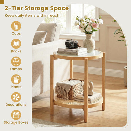 Dreamade 2-Tier Boho Rattan Round Side Table w/Tempered Glass Top (1/2)