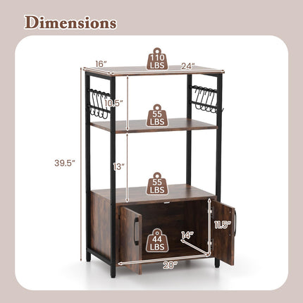 Dreamade Kitchen Bakers Rack with Storage, 3-Tier Industrial Microwave Stand with Open Shelves and 10 Removable S-Shaped Hooks