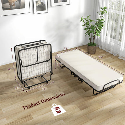 Dreamade Folding Bed with Mattress for Adults, 75" x 31" Cot Size Portable Rollaway Bed with Sturdy Metal Frame