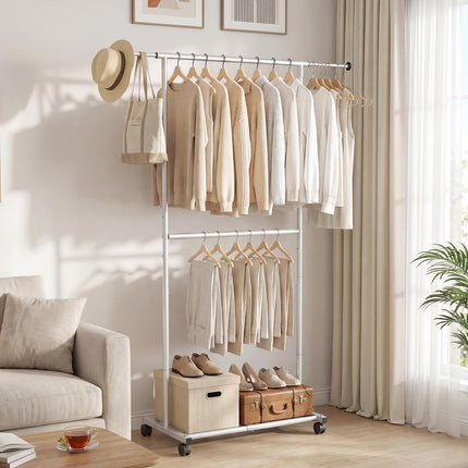 Dreamade Extendable Double-Rod Rolling Clothing Rack for Hanging Clothes