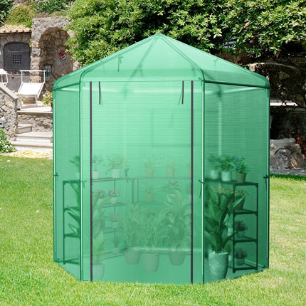 Dreamade 7 x 6 x 7.5 FT Greenhouse, Large Hexagonal Walk in Greenhouse Outdoor with Heavy-Duty Metal Frame