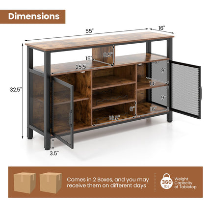 Dreamade Coffee Bar Cabinet for Liquor and Glasses, 55” Buffet Sideboard with 8-Bottle Wine Racks, 6 Rows of Wine Glass Holders