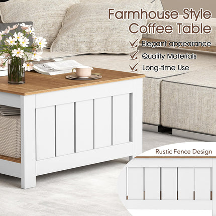 Dreamade 2-Tier Square Center Table for Living Room with Fence Design