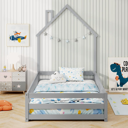 Dreamade Twin Floor Bed, House-Shaped Montessori Bed Frame with Headboard, Full-Length Guardrail