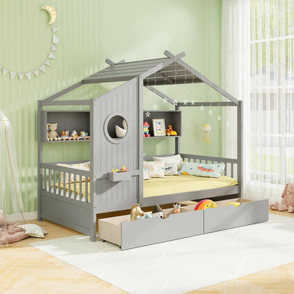 Dreamade Twin House Bed with 2 Storage Drawers, Kids Bed Frame with Storage Cubes, Montessori Bed with Fence Guardrails & Roof