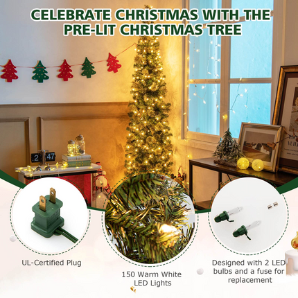 Dreamade 7ft Pre-Lit Half-Shape Christmas Tree, Artificial Xmas Tree W/ 403 Branch Tips - DreamadeUS