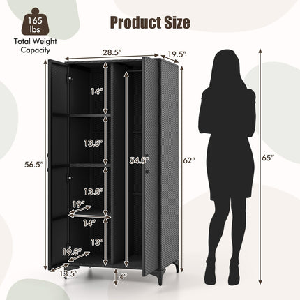 Dreamade Wicker Storage Cabinet, 62” Tall Pantry Cabinet with 2 Doors, Hanging Rod, 4 Storage Cubes