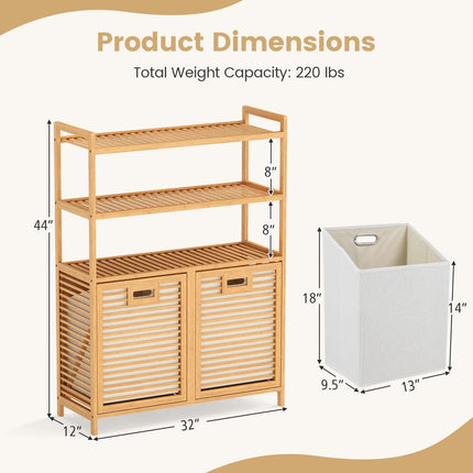 Dreamade Double Tilt Out 14 Gal Bamboo Laundry Hamper with 3-Tier Storage Shelf