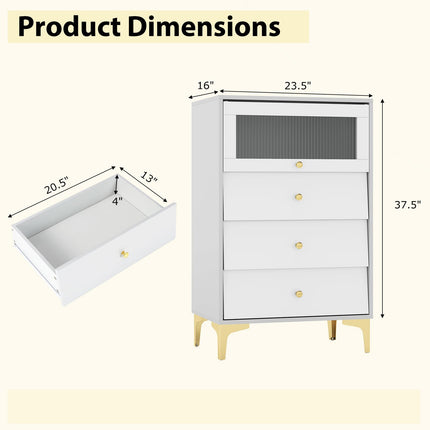 Dreamade 3 Drawer Dresser, Modern Storage Cabinet w/Flip Up Fluted Glass Door & Pull-Out Drawers