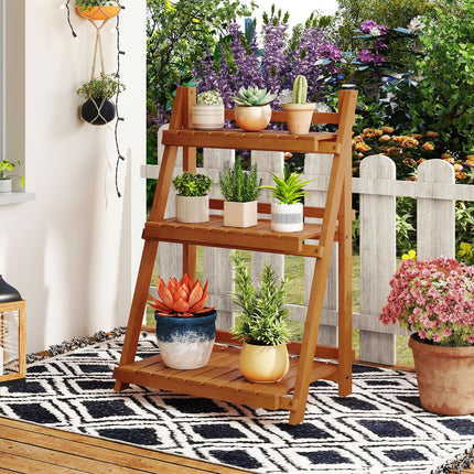 Dreamade Foldable Ladder Plant Shelf 3-Tier Solid Wood Indoor Outdoor Flower Pot Display Rack