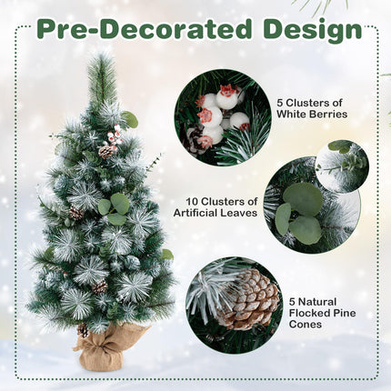 Dreamade 3ft Pre-Lit Mini Tabletop Christmas Tree with 30 Warm White LED Lights, Timer, 98 Flocked PVC & Pine Needles