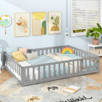 Dreamade Full Size Floor Bed for Kids, Montessori Floor Bed with Wood Slats & Safety Guardrails