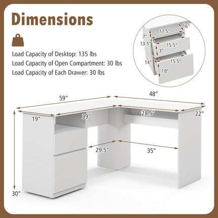 Dreamade L Shaped Computer Desk with Drawers, 59" Corner Desk Workstation with Storage Shelf & Cable Holes