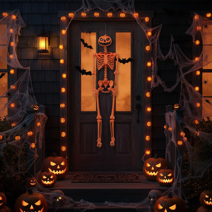 Dreamade 5.2 Ft Life-Size Posable Skeleton with Pumpkin Head Halloween Orange Skeleton Decoration