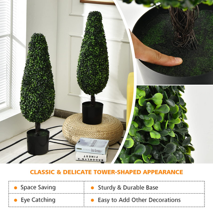 Dreamade 3ft Artificial Boxwood Tower Topiary Trees, 2 Pack Faux Decorative Plants in Cement-Filled Plastic Pot - DreamadeUS