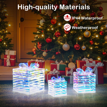Dreamade 3 Pieces Christmas Lighted Gift Boxes, 90 LED Light up Present Boxes with Bows, Zip Ties & Ground Stakes