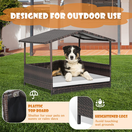 Dreamade Wicker Dog House, Raised Rattan Dog Bed with Roof, Removable Cushion and Steel Frame
