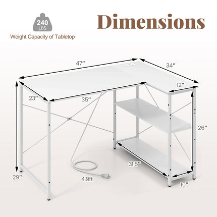Dreamade 47 Inch Reversible Computer Desk with Adjustable Storage Shelves and Metal Frame