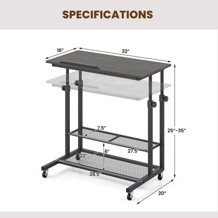 Dreamade Adjustable Rolling Computer Desk with Tilting Desktop and Storage Shelves
