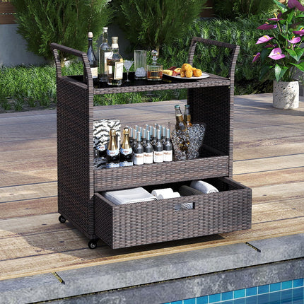Dreamade Rolling Wicker Cart W/Shelves and Big Drawer for Dining Room