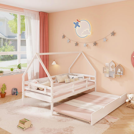 Dreamade Twin House Bed with Trundle, Wood Kids Bed Frame with Roof & Fence Rails