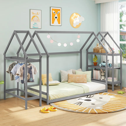 Dreamade Twin Floor Bed, Wood Montessori Floor Bed with Detachable 3 Tier Storage Bookshelf & Clothes Rack