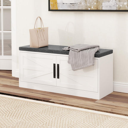 Dreamade Shoe Storage Bench with Cushion, 2-Tier Entryway Bench w/2 Barn Doors & 2 Adjustable Shelves