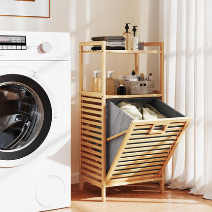 Dreamade Tilt Out Laundry Hamper Bamboo Laundry Storage Cabinet with 2-Tier Storage Shelves