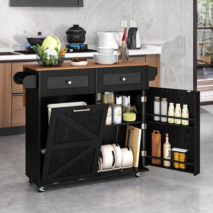 Dreamade Kitchen Island Cart with Hidden Tilt Out Trash Can Cabinet, Drop Leaf, 2 Drawers, Towel Rack