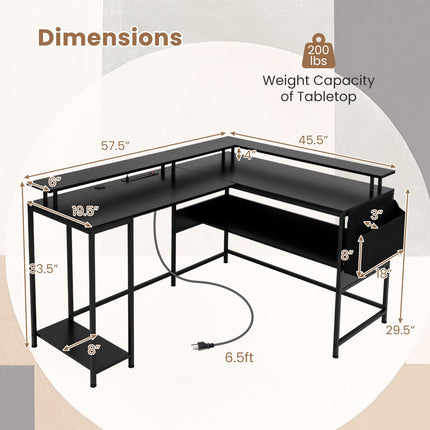 Dreamade L Shaped Desk with LED Light & Power Outlets Ergonomic Home Office Desk