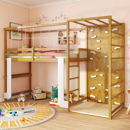 Dreamade Twin Bunk Bed with Jungle Gym Wooden Loft Bed with Climbing Ladder