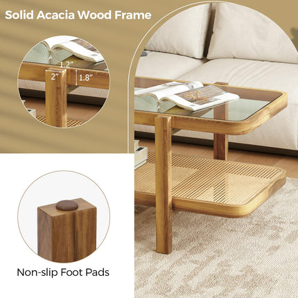 Dreamade Rattan Coffee Table, 47.5" Rectangle Solid Wood Tea Table w/Tempered Glass Tabletop