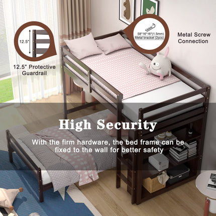 Dreamade Twin Over Twin Loft Bed w/ Bookcase, Bunk Bed w/ 12.5" Full-Length Guardrail & Ladder