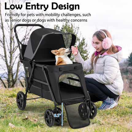 Dreamade Dog Stroller with Low Entry & Ramp Access, Cat Stroller with Lockable & Shock-Absorbing All-Terrain Wheels
