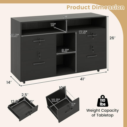 Dreamade 4-Drawer Lateral File Cabinet with Lock & 5 Rolling Wheels (2 Lockable)