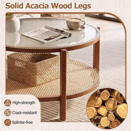 Dreamade 35" Rattan Farmhouse Glass Center Table with Storage