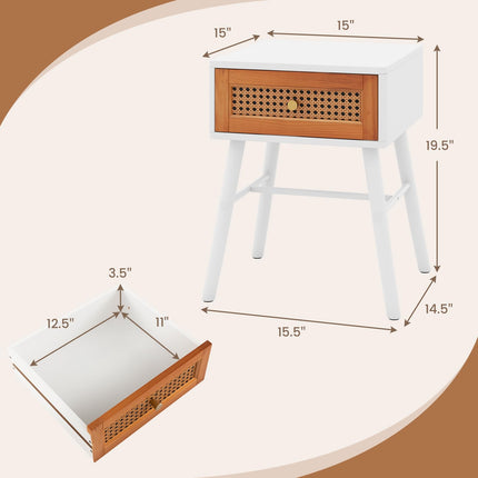 Dreamade Rattan Nightstand, Mid Century Modern End Table with Handwoven Rattan Decorated Drawer